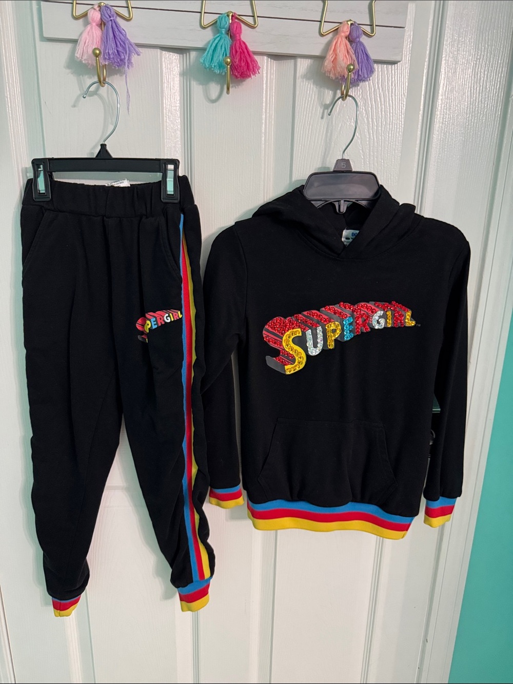 Lola + The Boys Black 'Supergirl' Hoodie & Rainbow-Trim Joggers Set